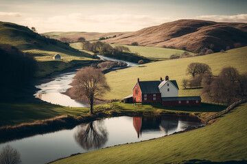 A serene countryside landscape with rolling hills, a winding river, and a red barn in the distance, Generative AI