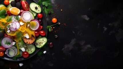 Overhead shot of chopped vegetables for healthy salad. Healthy diet. Restaurant menu background. Generative AI
