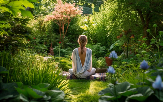 A woman meditating in a peaceful garden