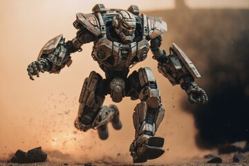 Sci-fi Futuristic Robot Warrior in Action Amidst Blurred Desert and Smoke generative ai illustration 