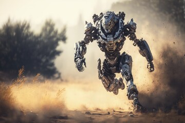 Obraz na płótnie Canvas Sci-fi Futuristic Robot Warrior in Action Amidst Blurred Desert and Smoke generative ai illustration 