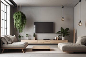 Interior design of a modern room with a sofa, frames, television, light, and plant. Generative AI