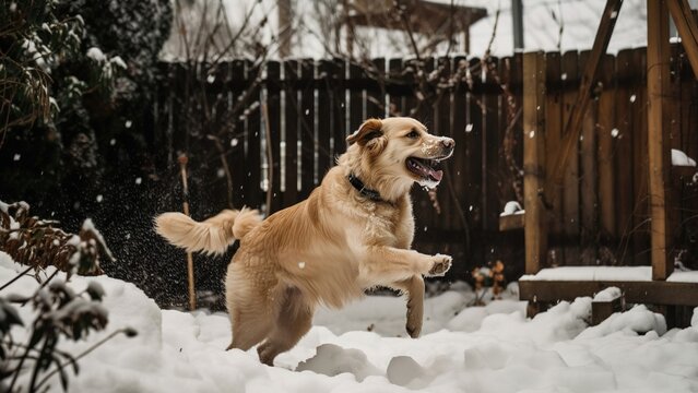 Happy dog ​​playing in backyard in winter snow