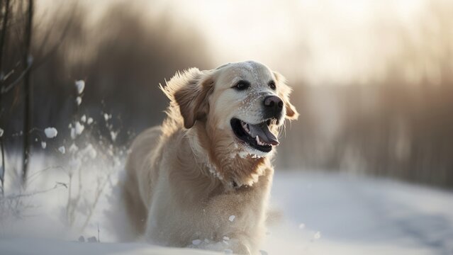 Happy dog ​​playing in backyard in winter snow