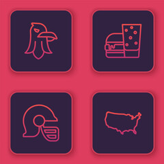 Set line Eagle, American football helmet, Burger and USA map. Blue square button. Vector