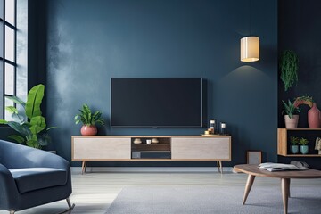 In a contemporary living room with a blue wall background and a TV atop a cabinet with plants and books,. Generative AI