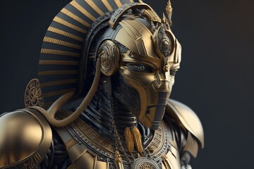 Fototapeta premium Gold Pharaoh Robot Epic Sci-fi Portrait with Ornament Details and Dynamic Action Pose generative ai illustration 