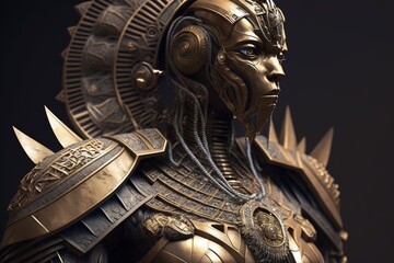 Gold Pharaoh Robot Epic Sci-fi Portrait with Ornament Details and Dynamic Action Pose generative ai illustration