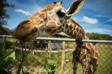 Funny portrait close-up of a giraffe eating, a bright blue sky in the background.