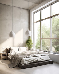 illustration d'un appartement lumineux moderne avec de grandes fenêtres créées avec la technologie AI
