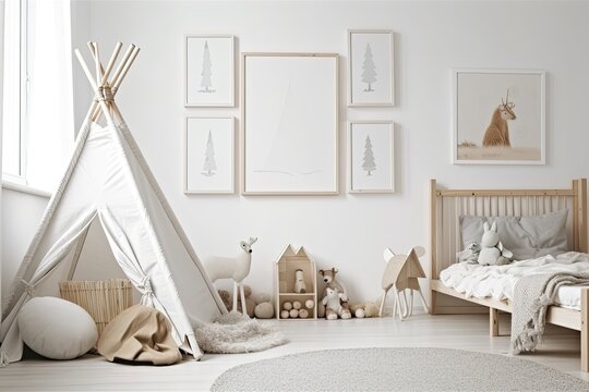 White wall with an empty vertical picture frame in a contemporary kids' room. interior mockup in the Scandinavian design. Copy space that is free for your image. bed and toys cozy space for children