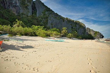 Paradise beach of Coron, Palawan in the Philippines with fine white beach, palm trees and majestic rocks.