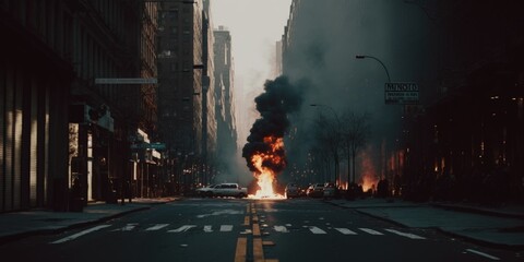 A burned city street  generative ai  scene