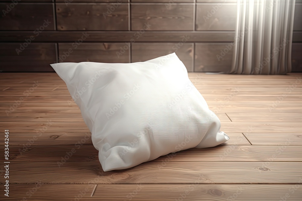 Poster blank template with white pillow and square form on a wooden floor background. design mockup of a pi