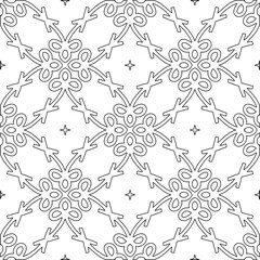  Monochrome ornamental texture with smooth linear shapes, zigzag lines, lace pattern.Abstract geometric black and white pattern for web page, textures, card, poster, fabric, textile.