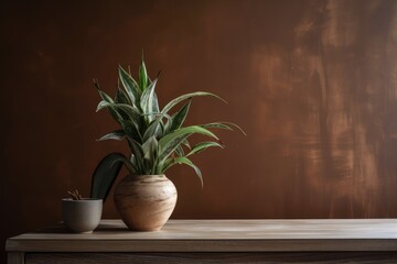 In front of a brown wall, a plant on a desk and a wooden hand model. Generative AI