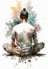 Man meditating in sitting pose illustration from behind with lotus flower esoteric yogi practice watercolor digital art generative ai - obrazy, fototapety, plakaty