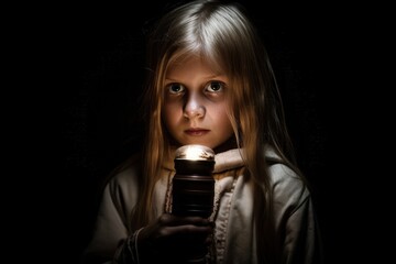 a small girl child  is holding a light torch in the dark near her face and looking in fear at the camera generative ai illustration 