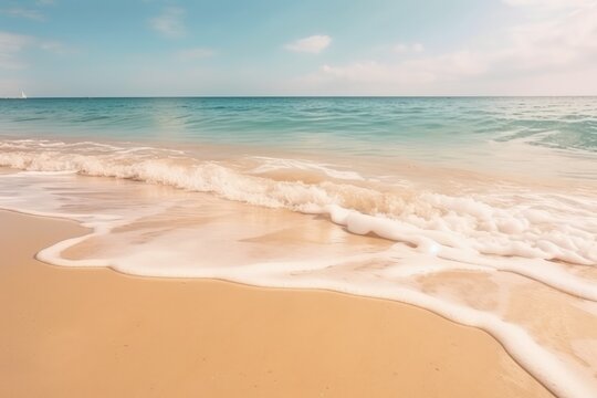 White Waves On The Yellow Sand Beach And Blue Sky, Generative Ai Illustration With Summer Vibes 