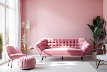 Modern pink interior with sofa and empty wall