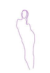 Fototapeta premium Modern digital image in one-line art style on the white background. Purple outline of a pretty girl standing in an elegant pose. Graceful contour of a human. Cute profile for creative fashion design.