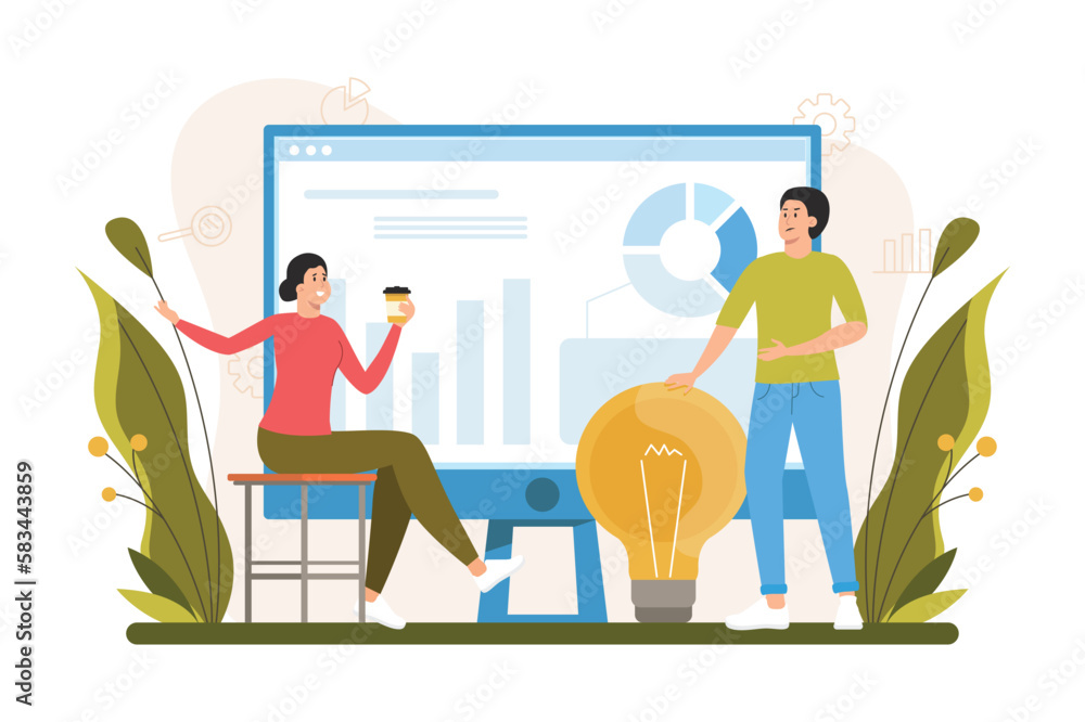 Aufkleber color concept data analysis with people scene in the flat cartoon design. team of specialists work o