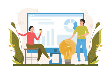 Color concept data analysis with people scene in the flat cartoon design. Team of specialists work on data processing and their analysis. Vector illustration.