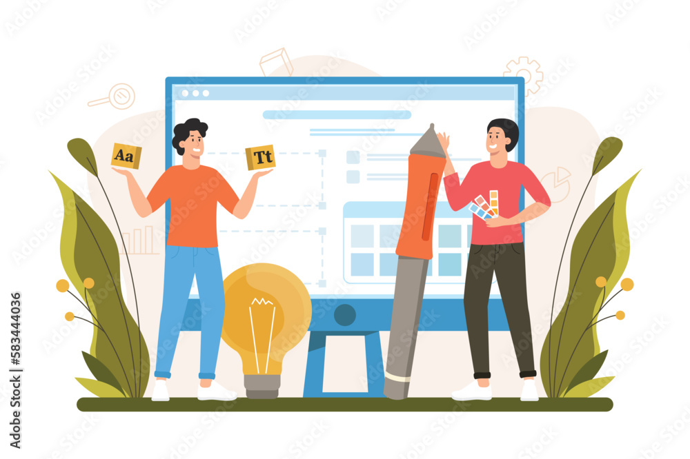 Poster design studio color concept with people scene in the flat cartoon design. two creative designers wor