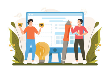 Design studio color concept with people scene in the flat cartoon design. Two creative designers work on creating a new fonts for web sited. Vector illustration.