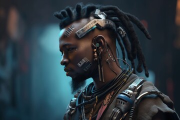 a black Futuristic Cyberpunk Tribal Warrior generative ai illustration 