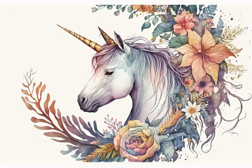 Obraz na płótnie Canvas Glowing Unicorn Horse With Floral On Isolated White Background, Generative Ai