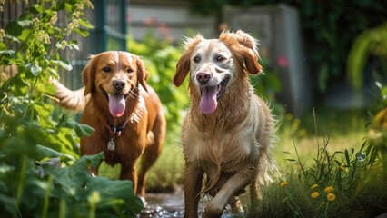 Happy dog ​​playing in summer backyard