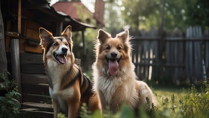 Naklejka premium Happy dog ​​playing in summer backyard