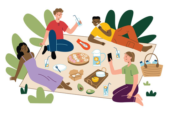 Friends having a picnic on nature, hand drawn composition with cartoon men and women relaxing outdoors, doodle icons of blanket, basket, vector illustration of party outside, eating snacks, lemonade