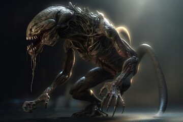 Menacing Alien Monster in Action Pose with Dramatic Dark Background generative ai illustration 