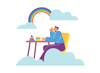 Dreamy man soar in clouds and rainbow during breakfast, flat vector illustration isolated on white background.