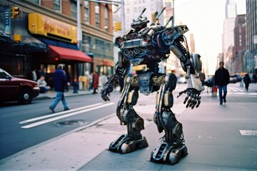 Obraz premium Futuristic Robot Standing Tall in Sunlit Urban Street - Generative AI Illustration