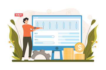 Stock market color concept with people scene in the flat cartoon style. Economist presents the results of changes in the stock market. Vector illustration.