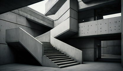 Staircase concrete and metal modern brutalist building , knoll style in the midday europe , stark - generative ai 
