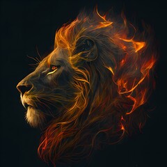 Fiery lion in black background illustration - Generative AI