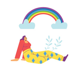 Dreamy woman lying under colorful rainbow, flat vector illustration isolated on white background.