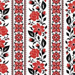 Seamless Pattern with Red Rose and Mallow Inspired by Ukrainian Traditional Embroidery. Ethnic Floral Motif, Handmade Craft Art. Ethnic Design. Vertical Oriented Stripes. Vector Illustration