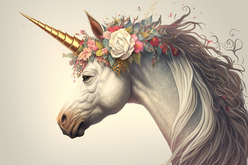 Glowing Unicorn Horse With Floral On Isolated White Background, Generative Ai
