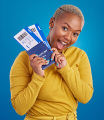 travel passport, excited and portrait of black woman in studio with flight documents, tickets and...
