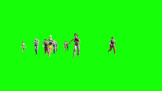 zombie running. animation of zombie on green background. group of 3d zombies running towards camera