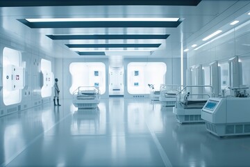 Naklejka na ściany i meble Sci-fi futuristic empty workspace with white sleek reflective floors generative ai