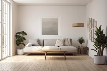 Corner view of a light living room with an oak parquet floor, a white empty poster, a couch, and a coffee table. Concept for a calm and relaxing minimalist design. a mockup. Generative AI