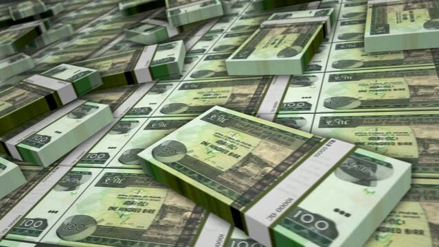 Ethiopia money Ethiopian Birr banknote bundle loop. ETB money stacks. Concept of business, economy, banking and finance. Camera over cash packs. Loopable seamless 3d animation.