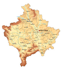 Highly detailed Kosovo physical map with labeling.