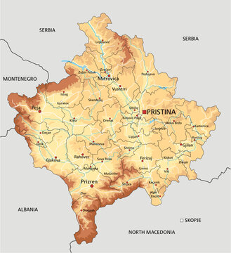 Highly detailed Kosovo physical map with labeling.